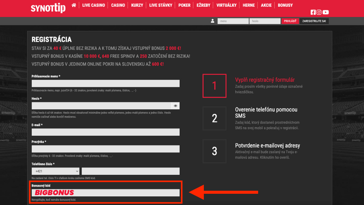 Synottip - bonusový kód BIGBONUS