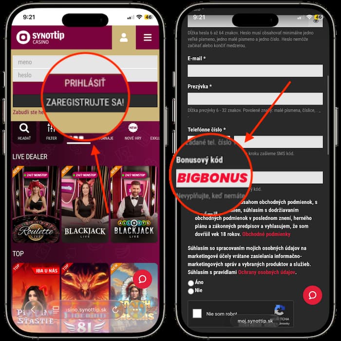 Synottip casino - bonusový kód - registracia